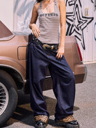 BEERBRO Leopard Cuff Wide Leg Jeans in Blue - On Female Model