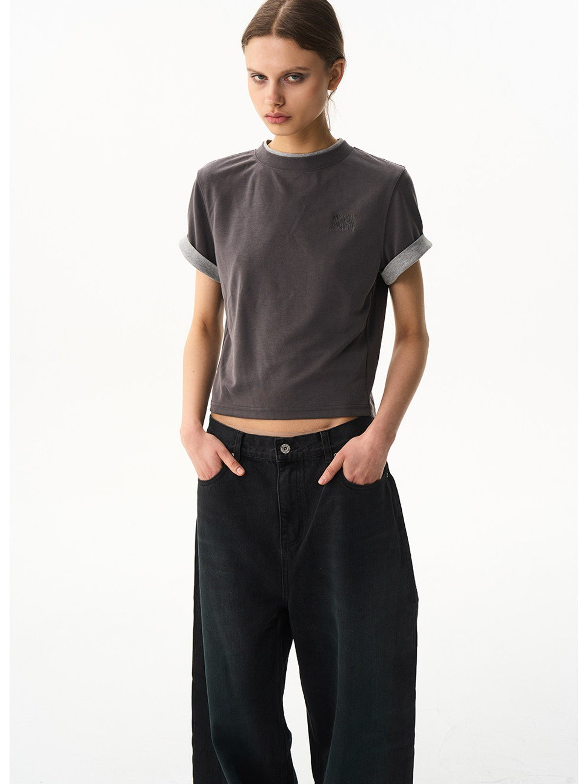BLINDNOPLAN Embroidered Mock Two Piece T Shirt in Gray - On Female Model
