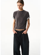 BLINDNOPLAN Embroidered Mock Two Piece T Shirt in Gray - On Female Model
