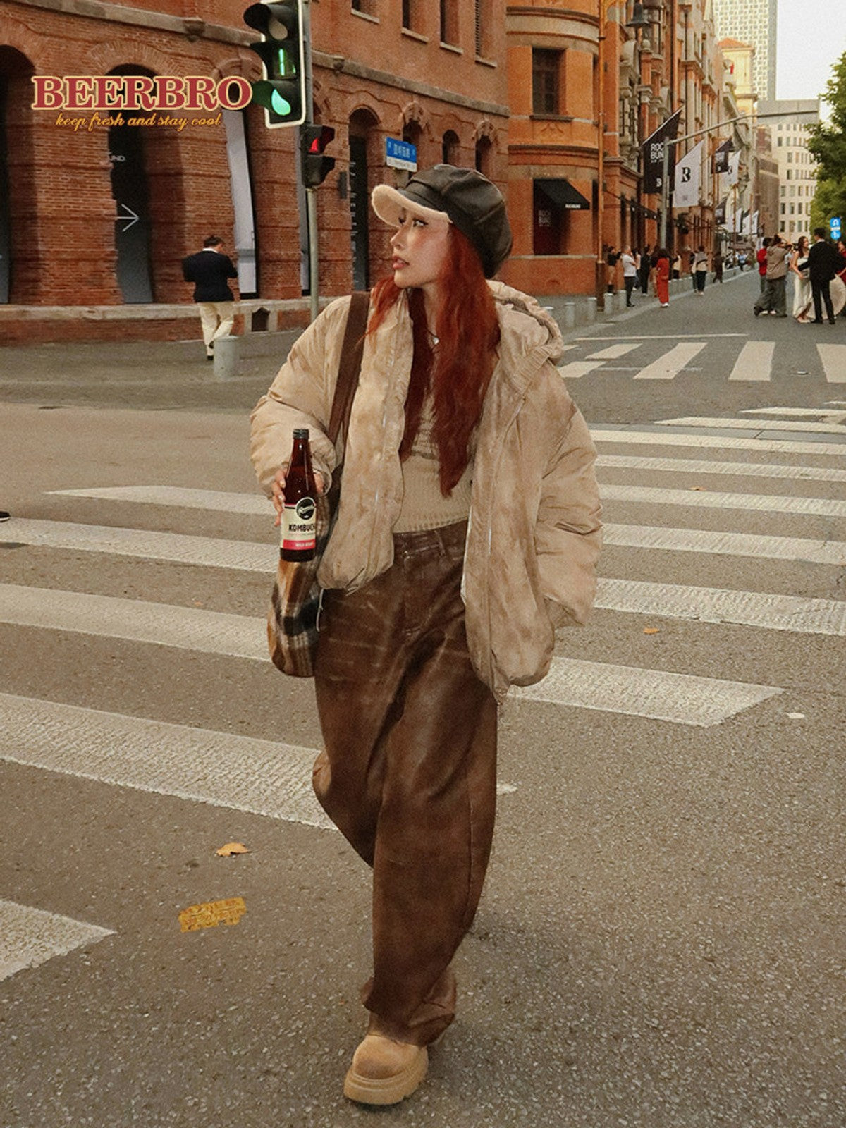 BEERBRO Washed Cotton Ruched Puffer in Beige - On Female Model