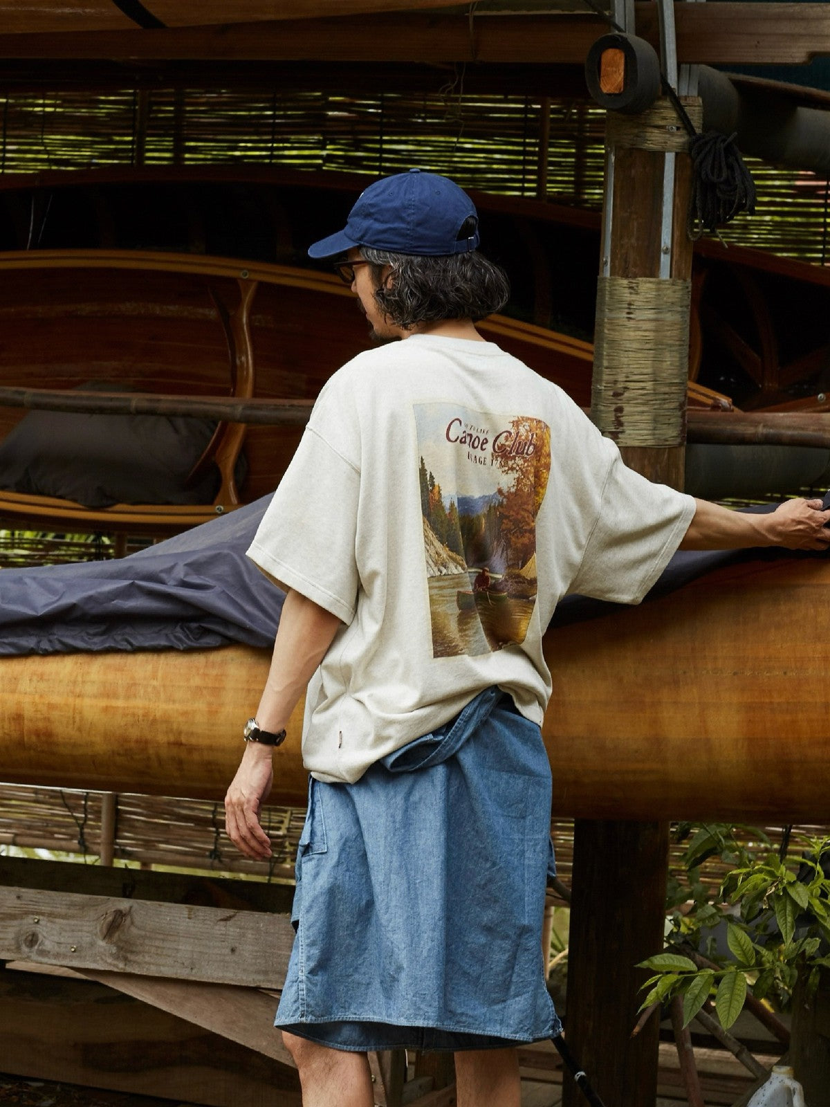 USAGE Canoe Club Graphic Cotton T Shirt in Beige - On Model