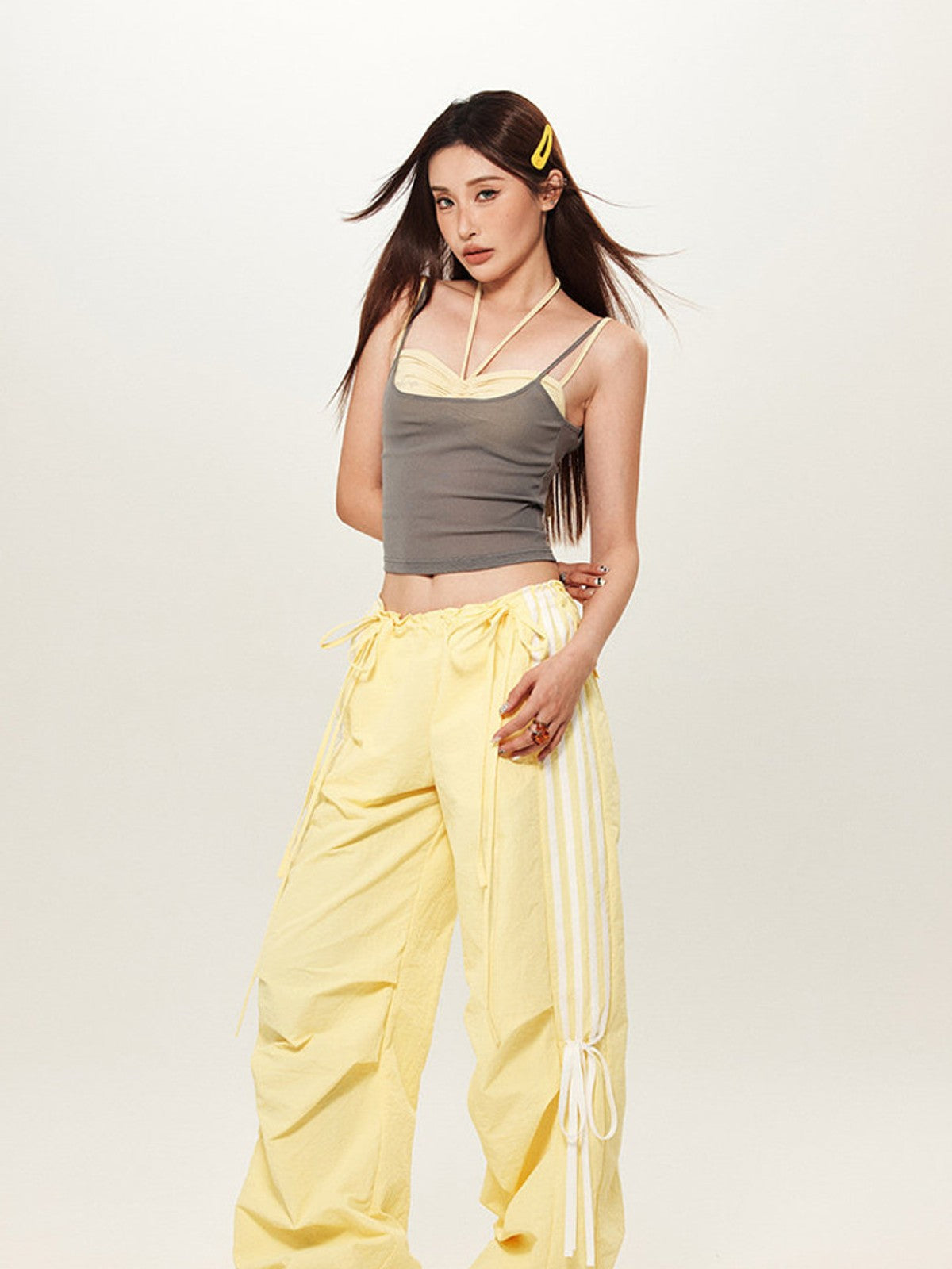 BEERBRO Drawstring Wide Leg Parachute Pants in Yellow - On Female Model