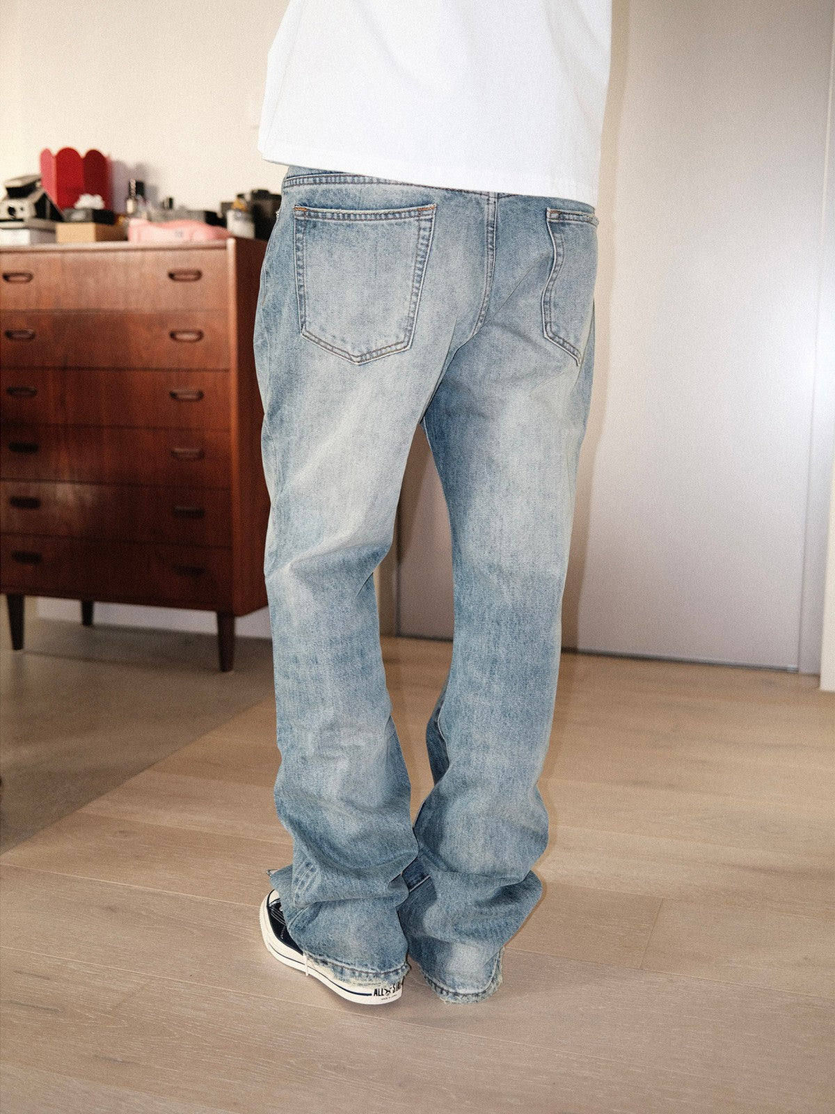 UNKNOWNWORLD Ice Blue Washed Micro Flare Jeans in Blue - On Model
