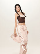 BEERBRO Drawstring Wide Leg Parachute Pants in Pink - On Female Model