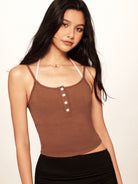 BEERBRO Ribbed Layered Halter Tank in Brown - On Female Model