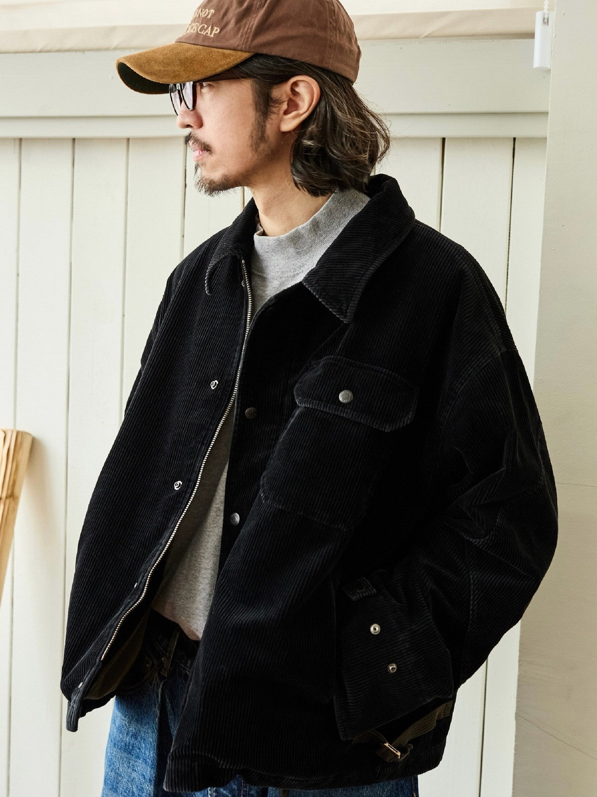 USAGE Wide Wale Corduroy Deck Jacket in Black - On Male Model