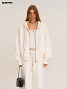 SMFK Distressed Washed Cotton Zip Up Hoodie in White - On Female Model