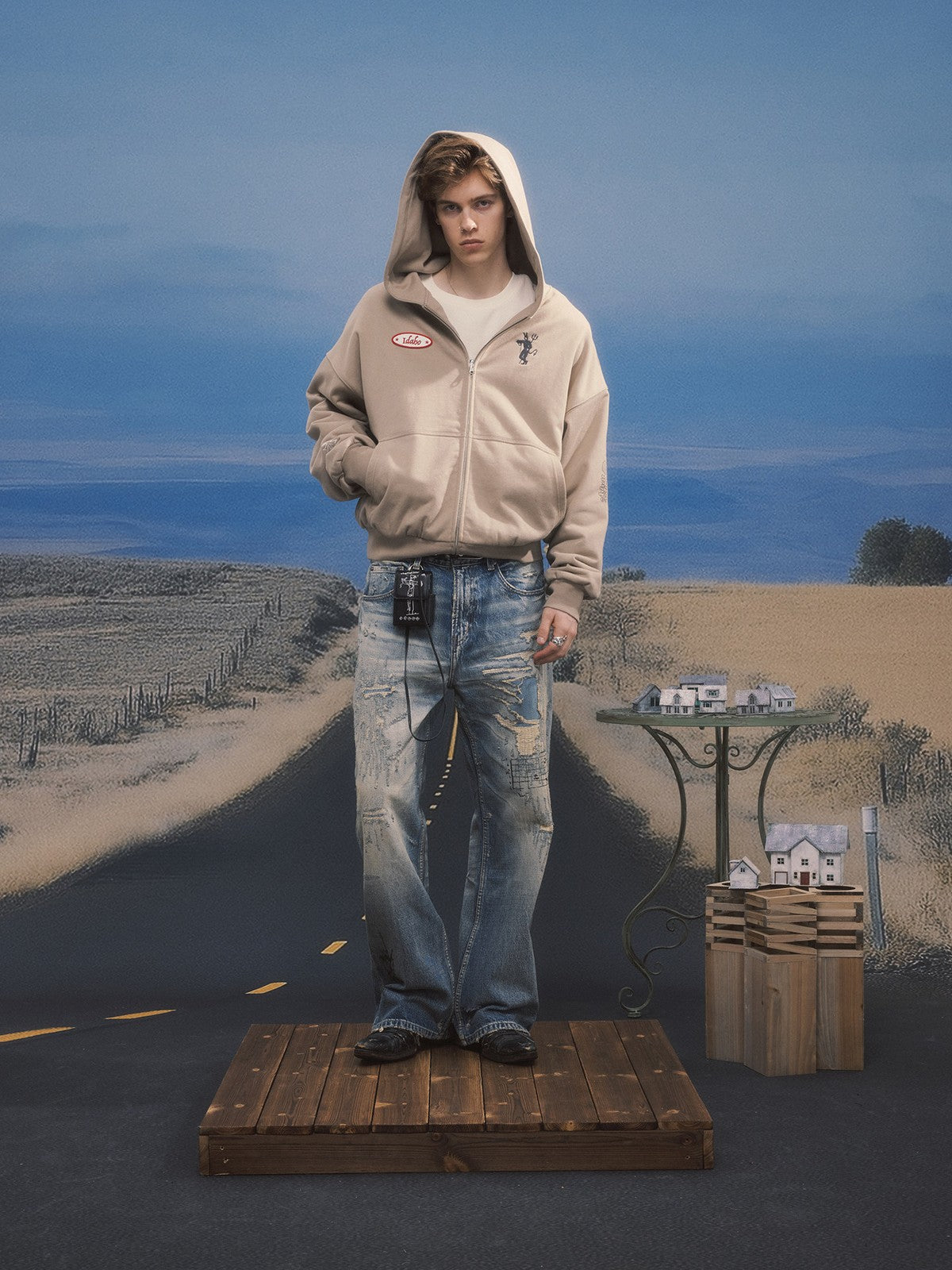 SOD Distressed Graffiti Embroidered Jeans in Blue - On Male Model
