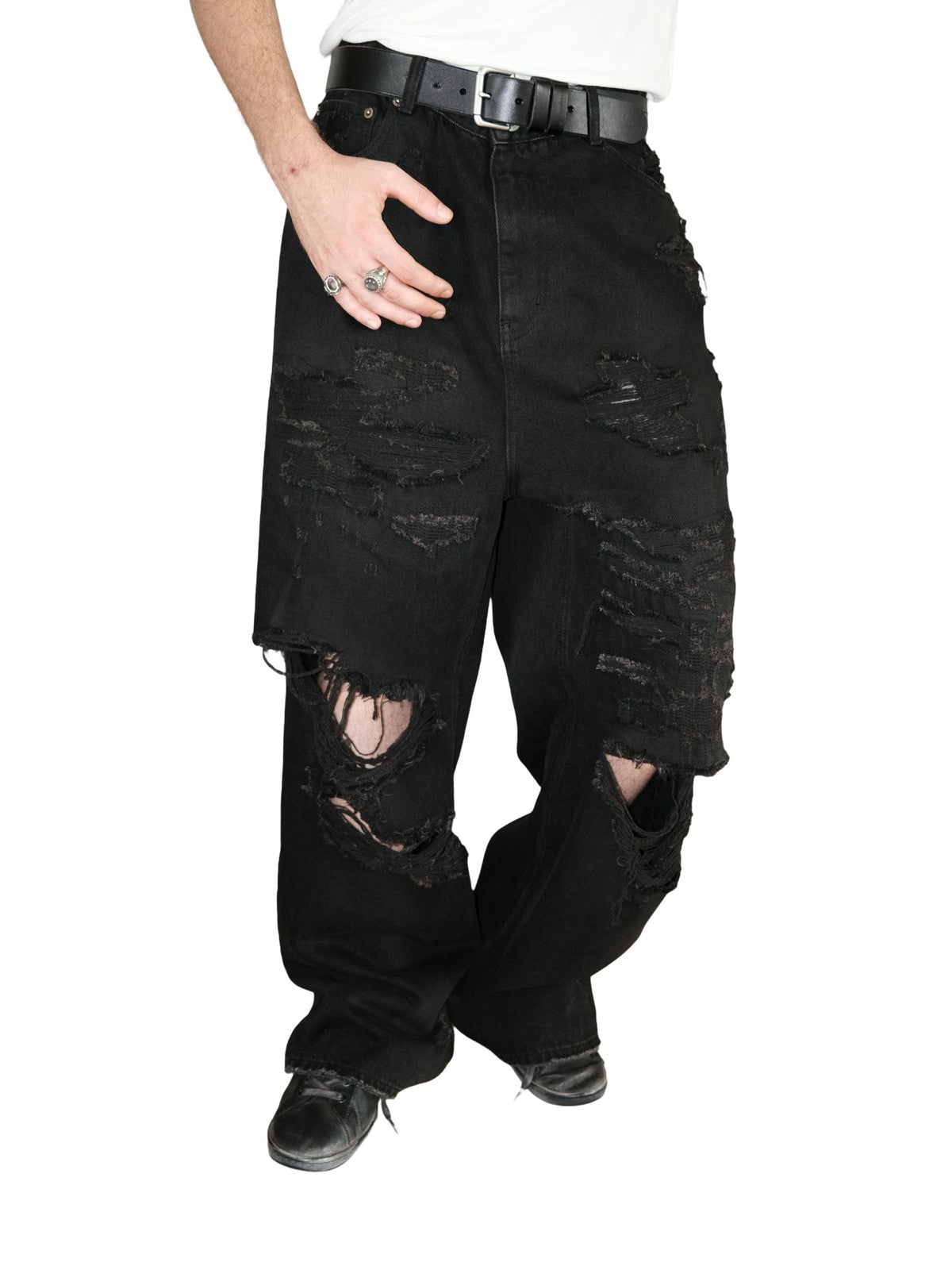 UNKNOWNWORLD Distressed Boro Mud Dyed Jeans in Black - On Model
