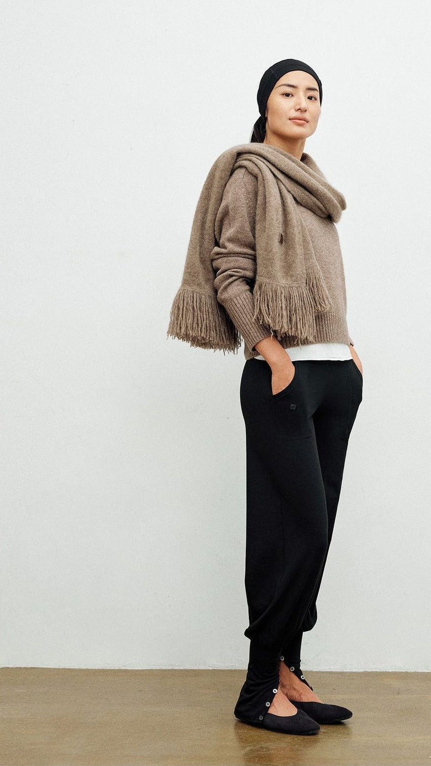 FaxCopyExpress Fold Over Waist Tapered Trousers in Black - On Female Model