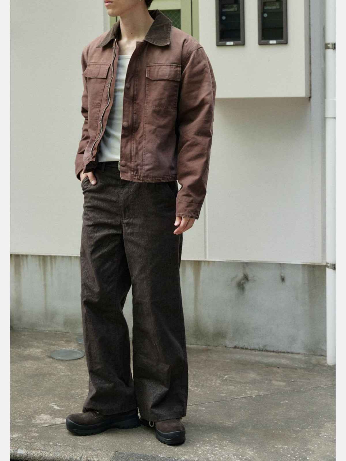 Retro 21 Washed Cotton Padded Work Jacket in Brown - On Male Model