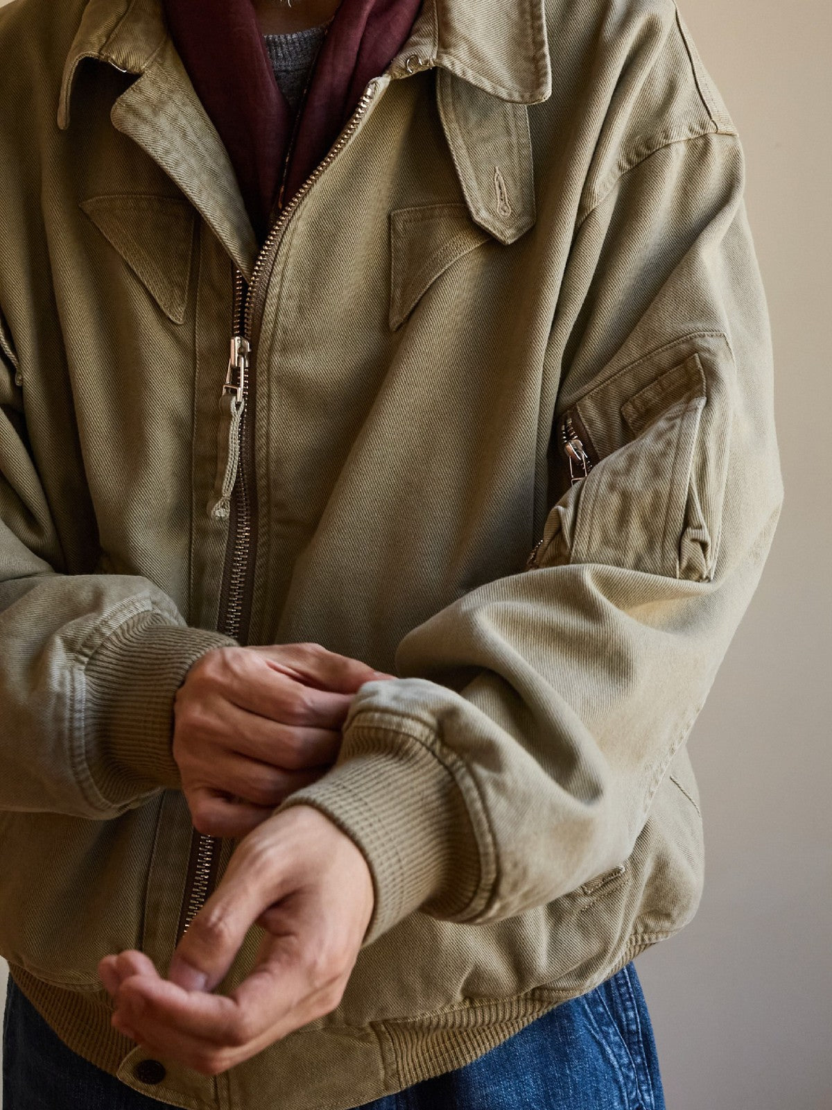 USAGE Washed Cotton Lyocell B 15 Bomber in Khaki - On Male Model