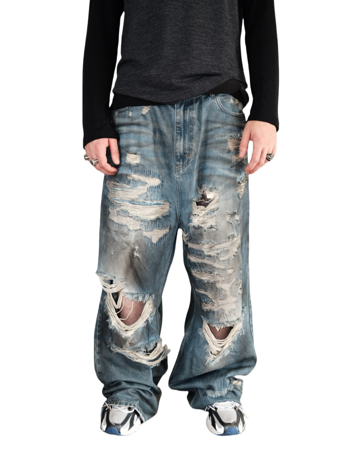 UNKNOWNWORLD Distressed Boro Mud Dyed Jeans in Denim - On Model