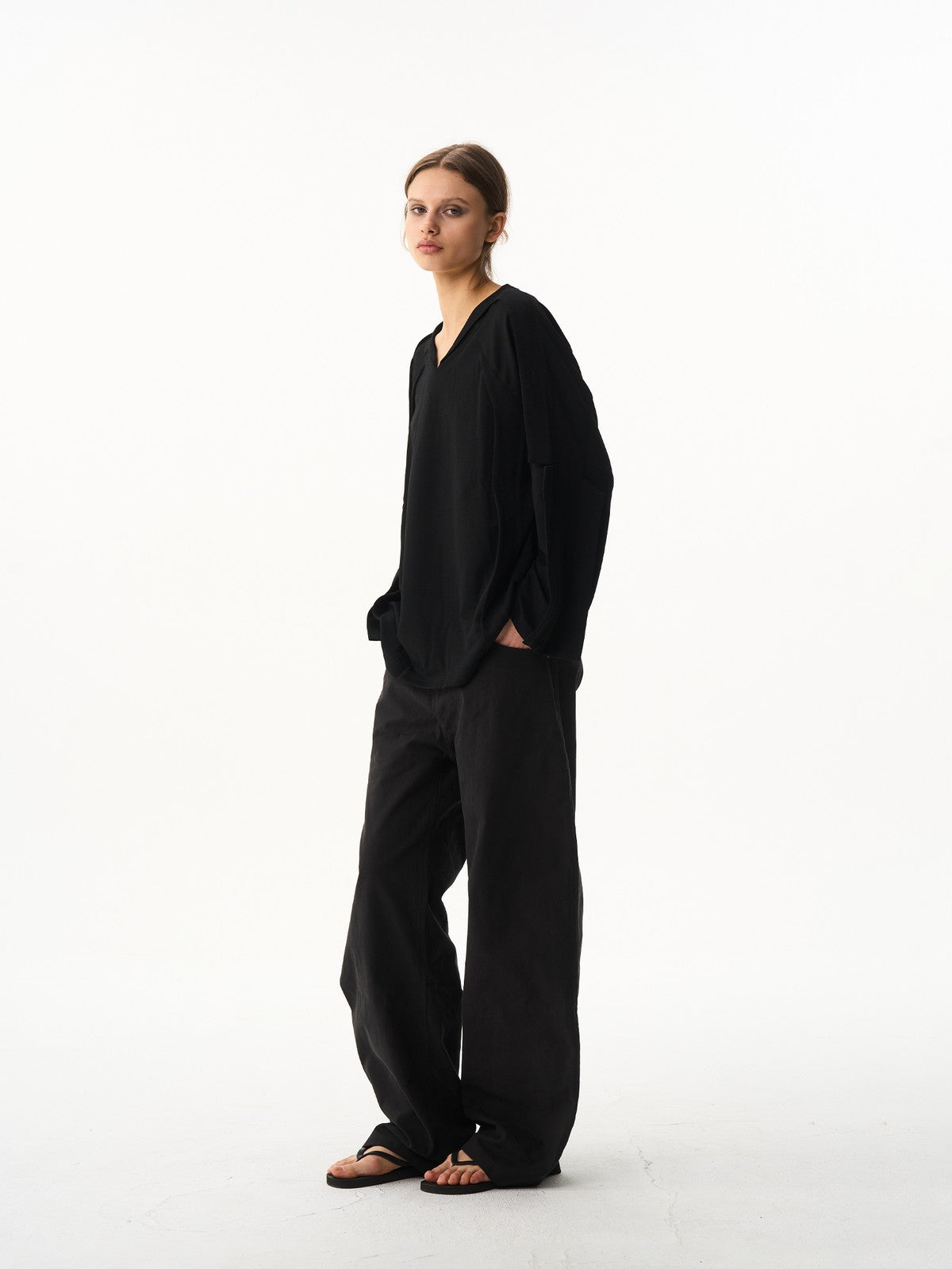 BLINDNOPLAN Leather Spliced Straight Leg Pants in Black - On Female Model