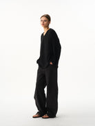 BLINDNOPLAN Leather Spliced Straight Leg Pants in Black - On Female Model