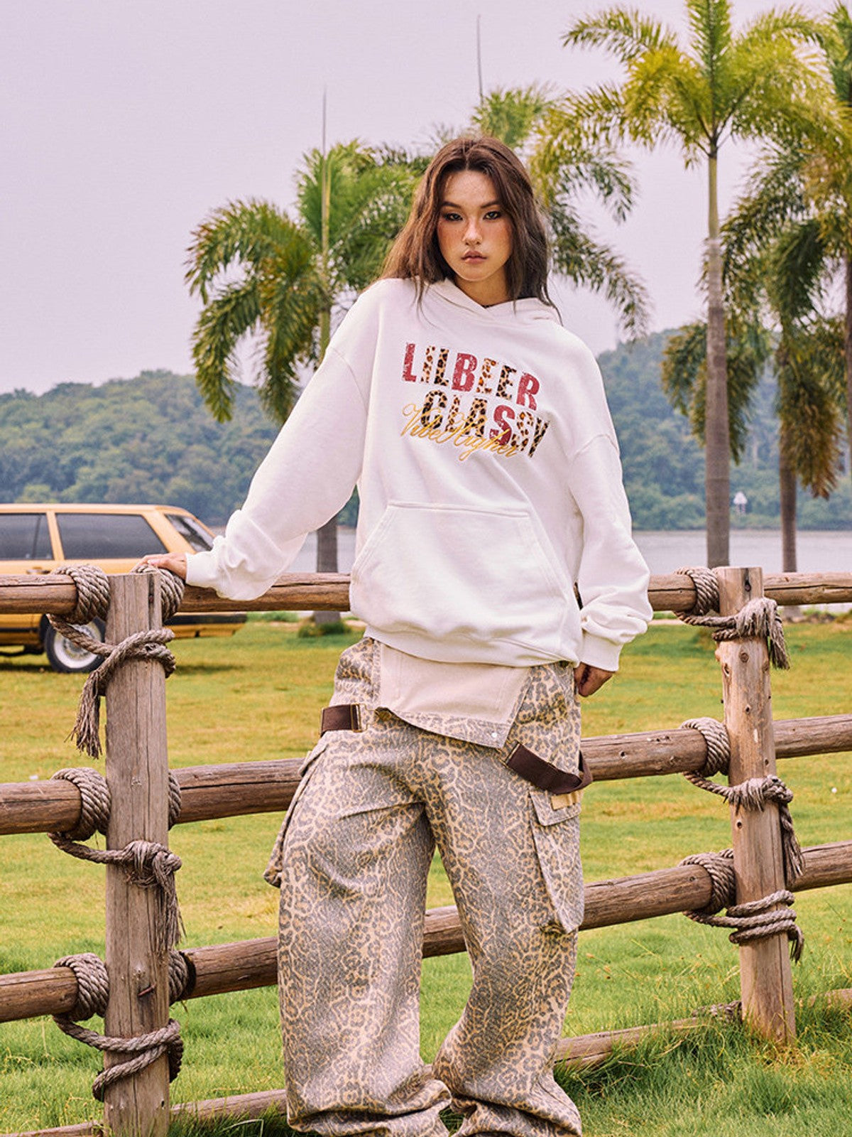 BEERBRO Heavyweight Graphic Print Hoodie in White - On Female Model