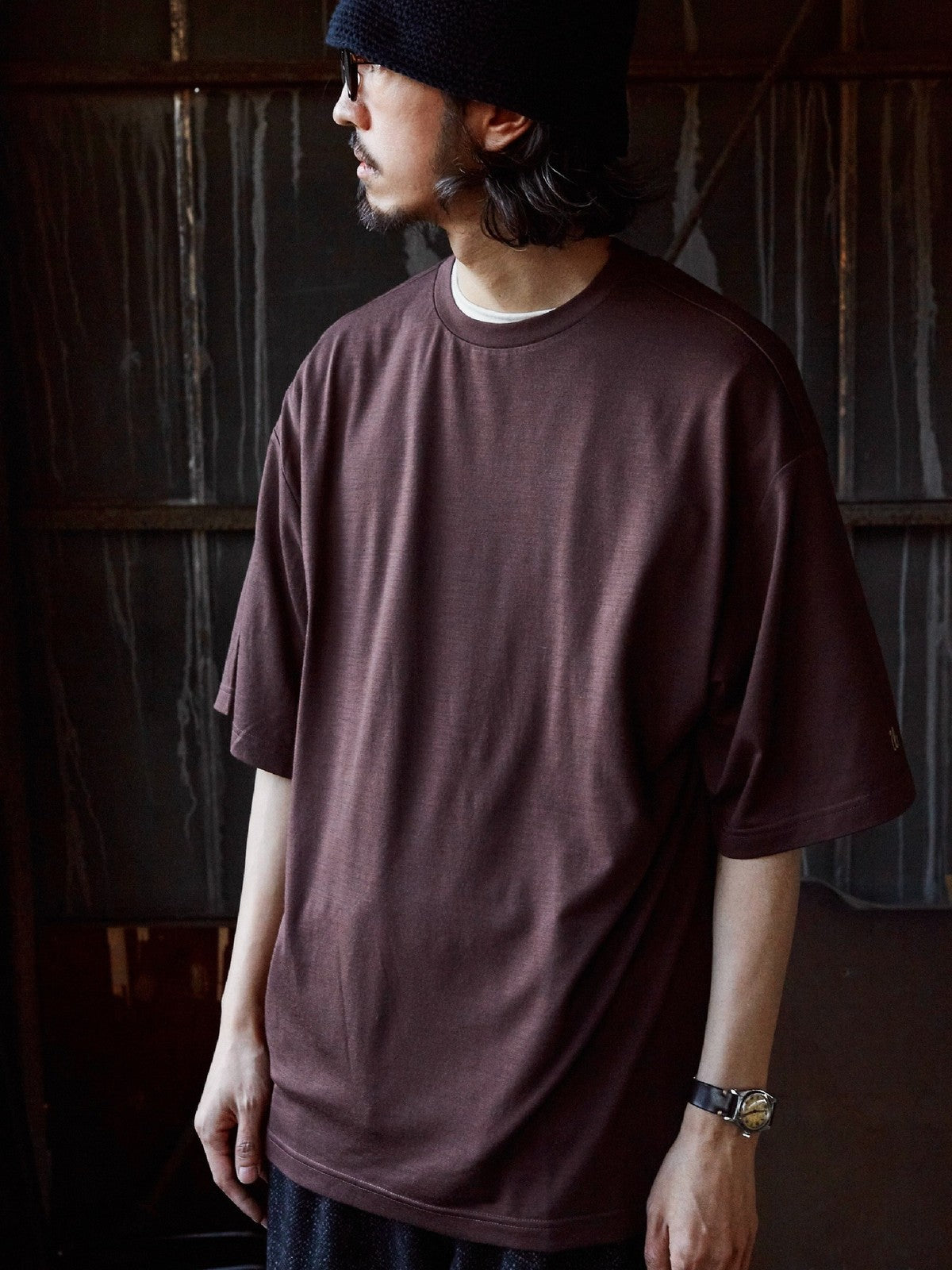 USAGE Merino Wool Blend T Shirt Set in Brown - On Male Model
