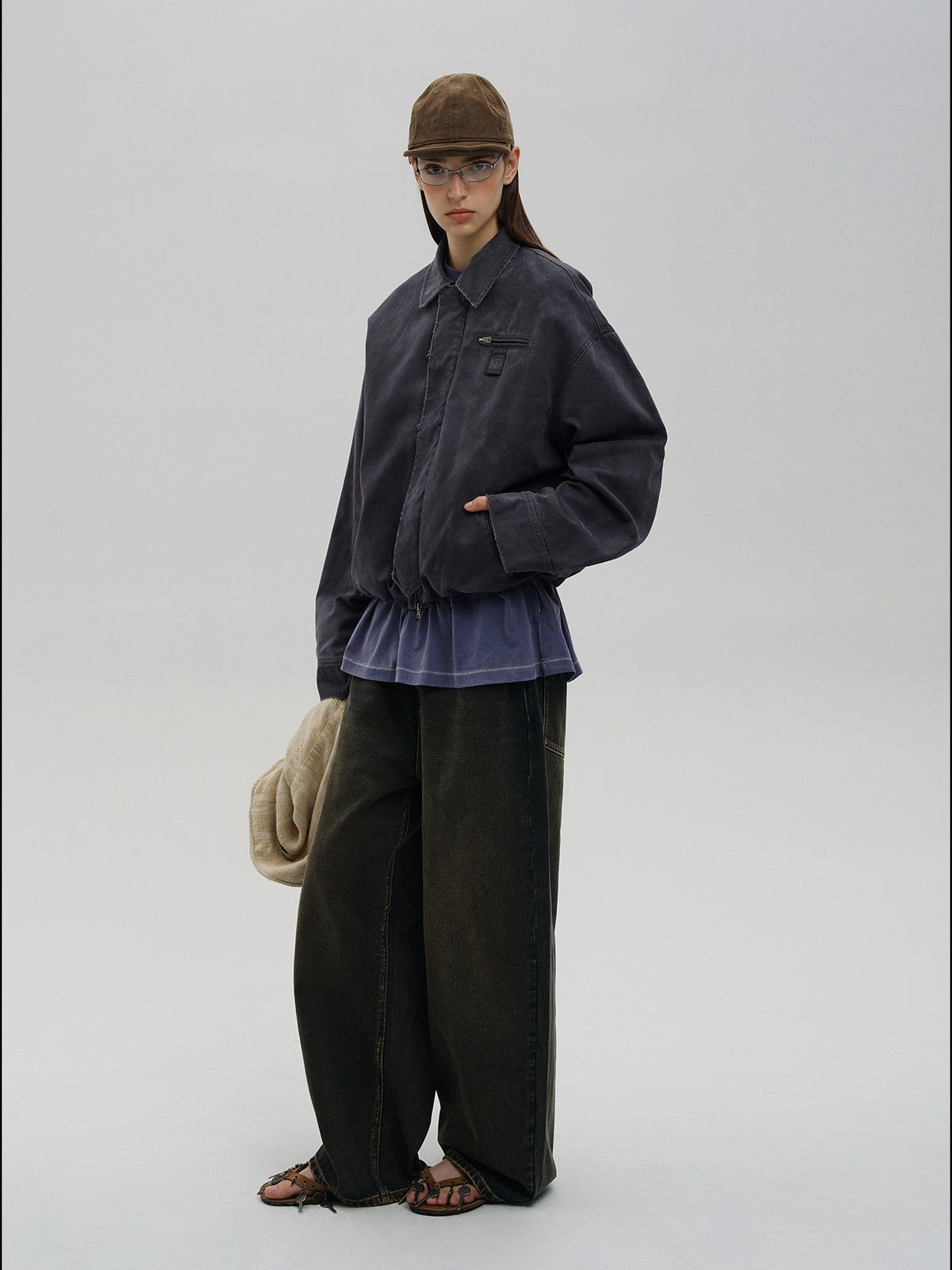 MASONPRINCE Distressed Cotton Cocoon Workwear Jacket in Charcoal - On Female Model