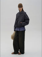MASONPRINCE Distressed Cotton Cocoon Workwear Jacket in Charcoal - On Female Model