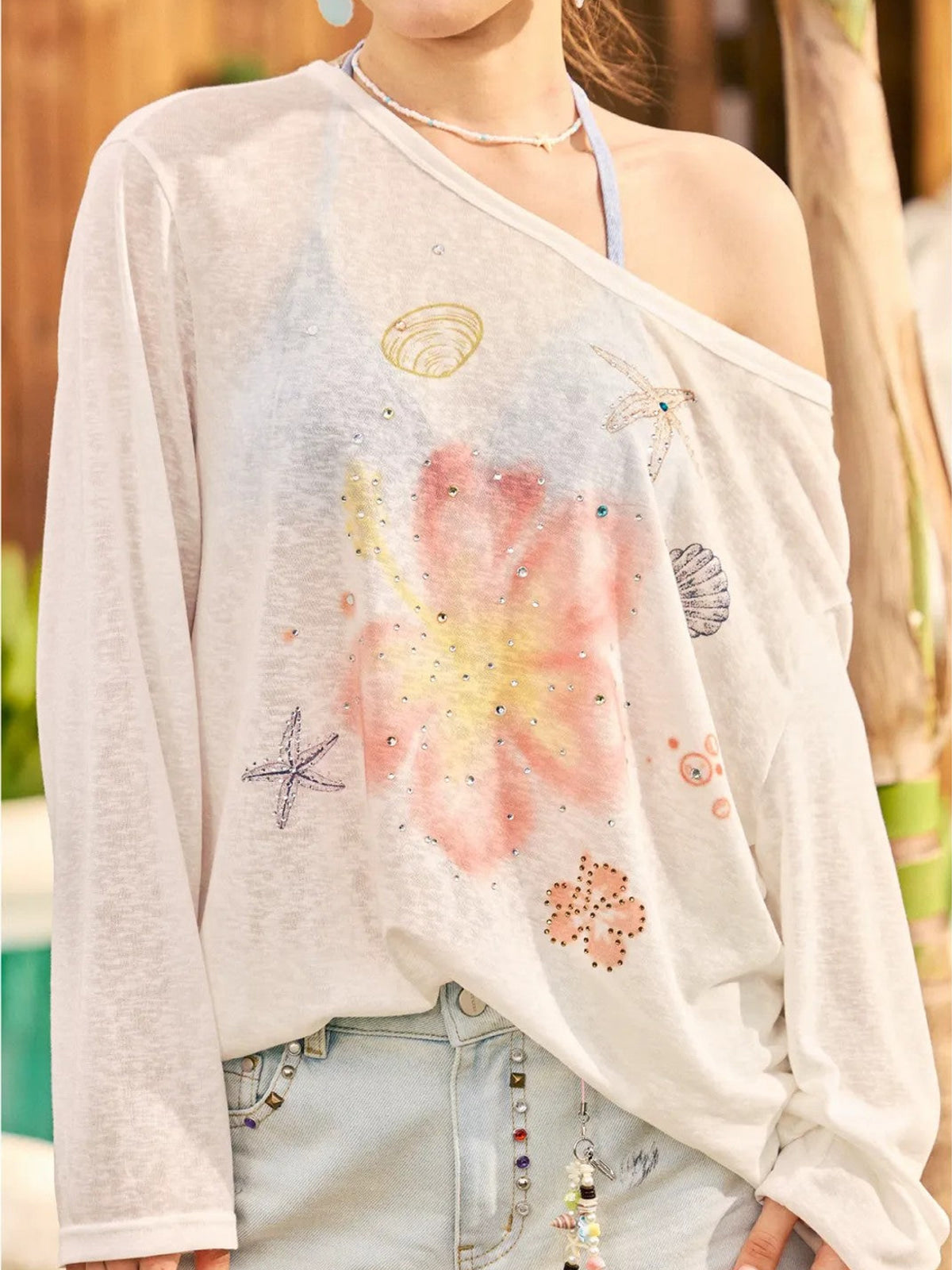 BeerBro Rhinestone Floral Sheer Top in White - On Female Model