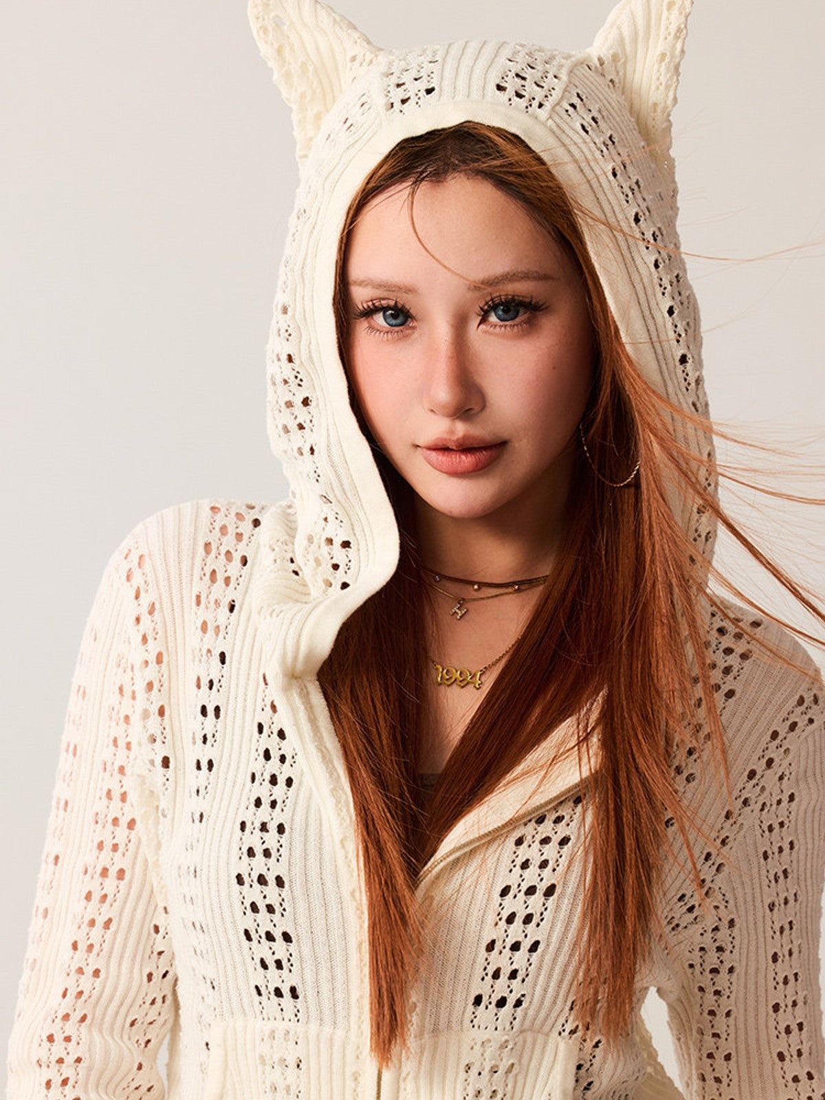 BEERBRO Devil Horn Open Knit Cardigan in White - On Female Model