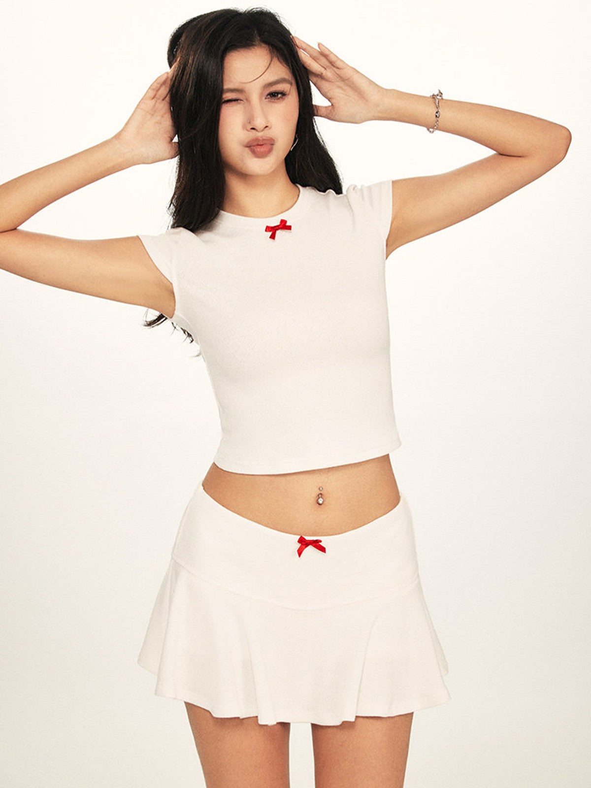 BEERBRO Heart Pointelle Tee Skirt Set in White - On Female Model