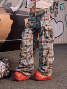 BeerBro Graffiti Plaid Strap Cargo Pants in Sky Blue - On Female Model
