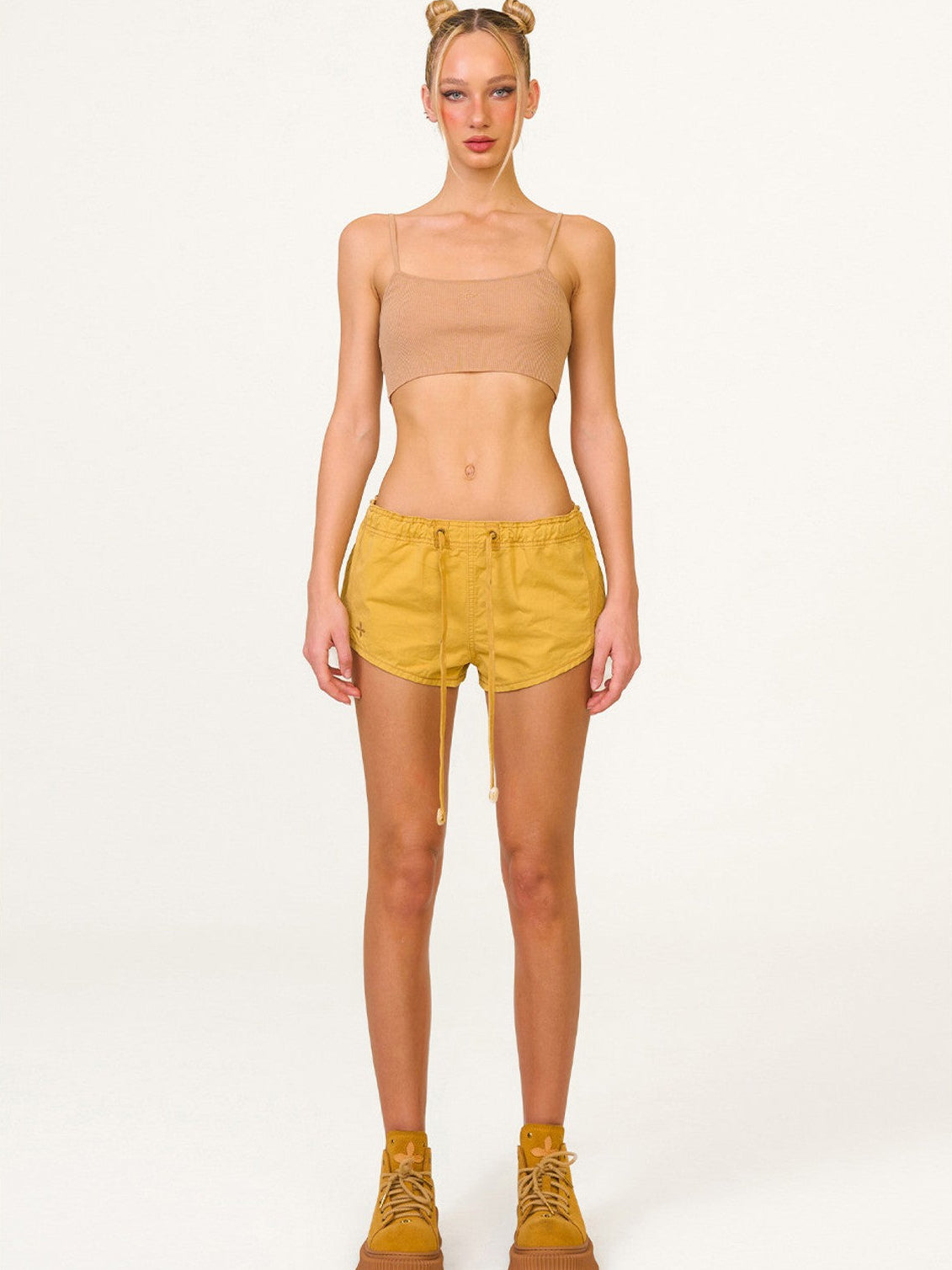 SMFK Low Rise Drawstring Cotton Shorts in Wheat - On Female Model
