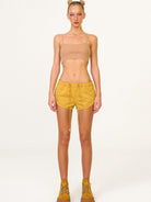 SMFK Low Rise Drawstring Cotton Shorts in Wheat - On Female Model