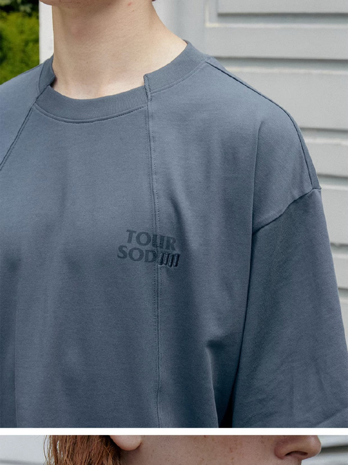 SOD Deconstructed Panel Cotton T Shirt in Teal - On Male Model