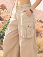 BEERBRO Washed Cotton Safari Cargo Pants in Beige - On Female Model