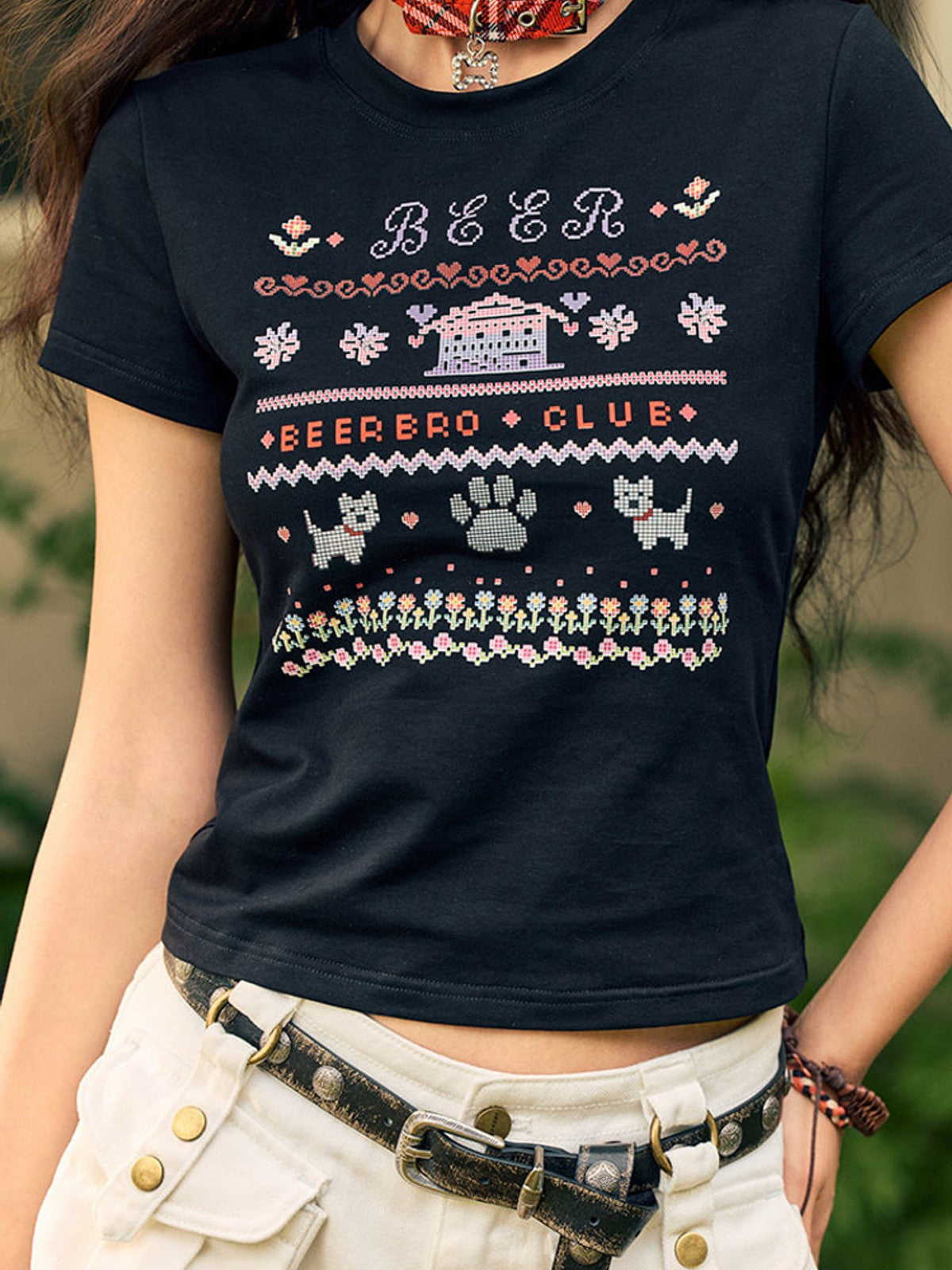 BEERBRO Mosaic Puppy Graphic Baby Tee in Black - On Female Model