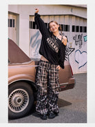 BeerBro Graffiti Plaid Strap Cargo Pants in Sky Blue - On Female Model