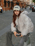 BEERBRO Washed Cotton Ruched Puffer in Gray - On Female Model