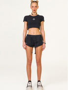 SMFK Low Rise Drawstring Cotton Shorts in Black - On Female Model
