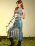 BEERBRO Butterfly Print Mesh Cami Dress in Teal - On Female Model