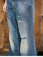 BLINDNOPLAN Distressed Dark Wash Straight Jeans in Blue - On Model