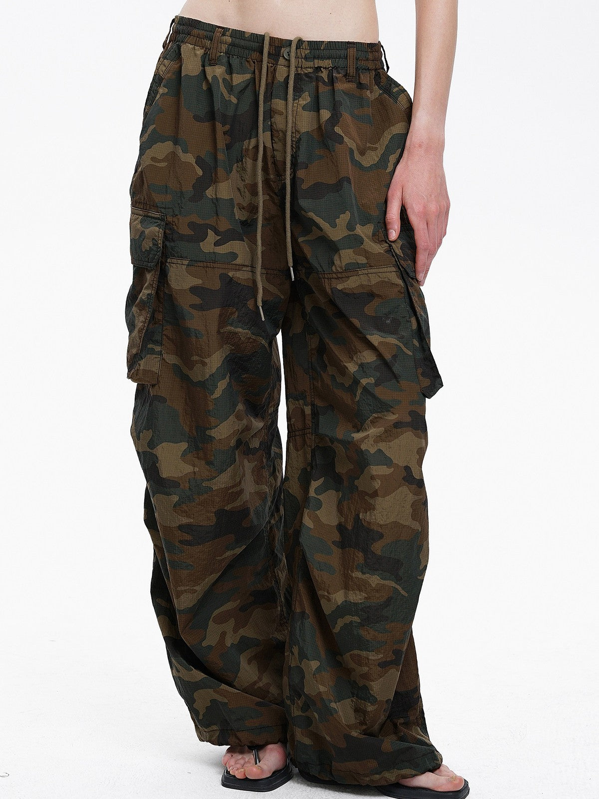 MASONPRINCE Camo Nylon Cargo Parachute Pants in Brown - On Female Model