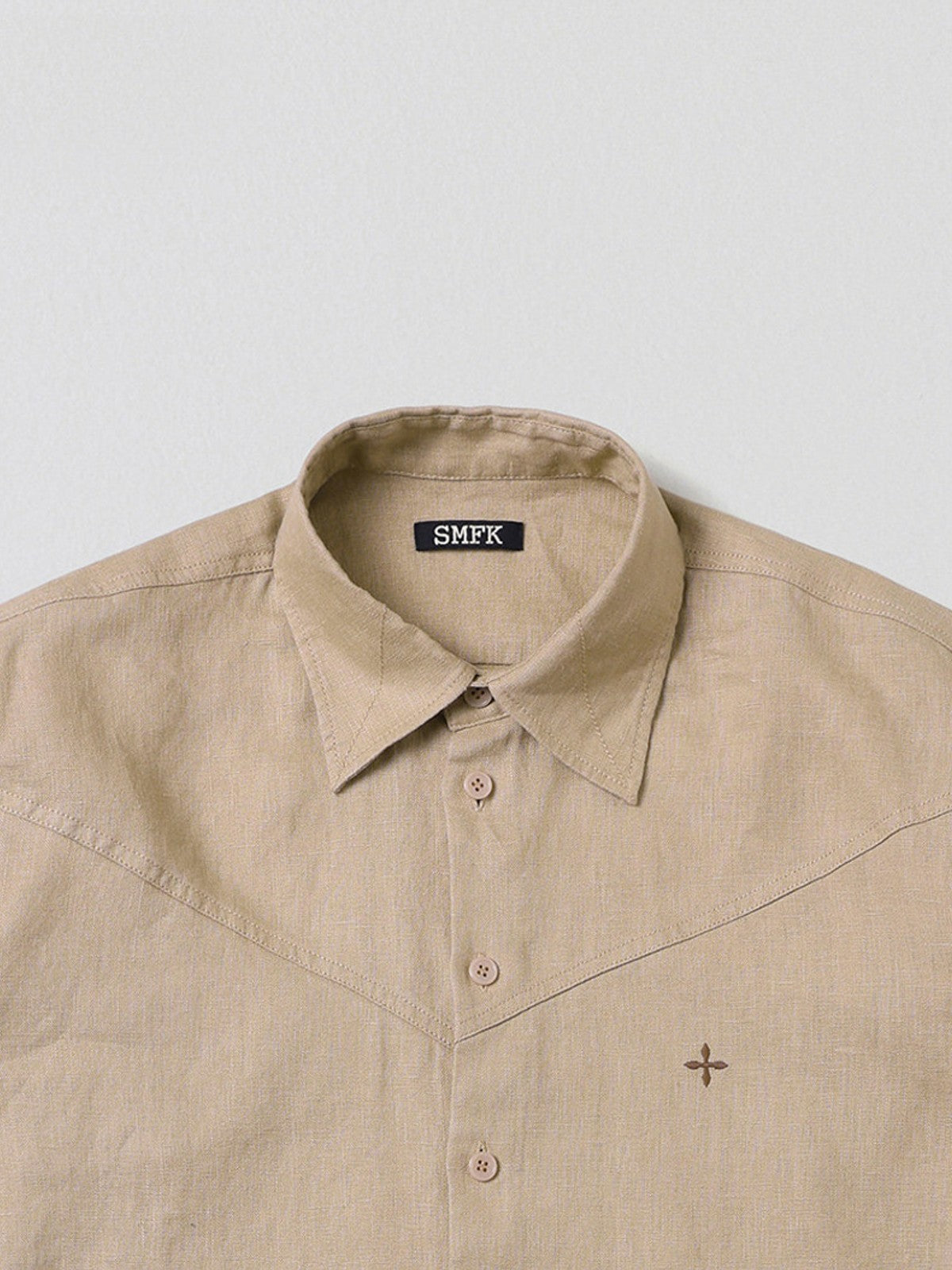 SMFK Long Sleeve Linen Button Down in Beige - Detail