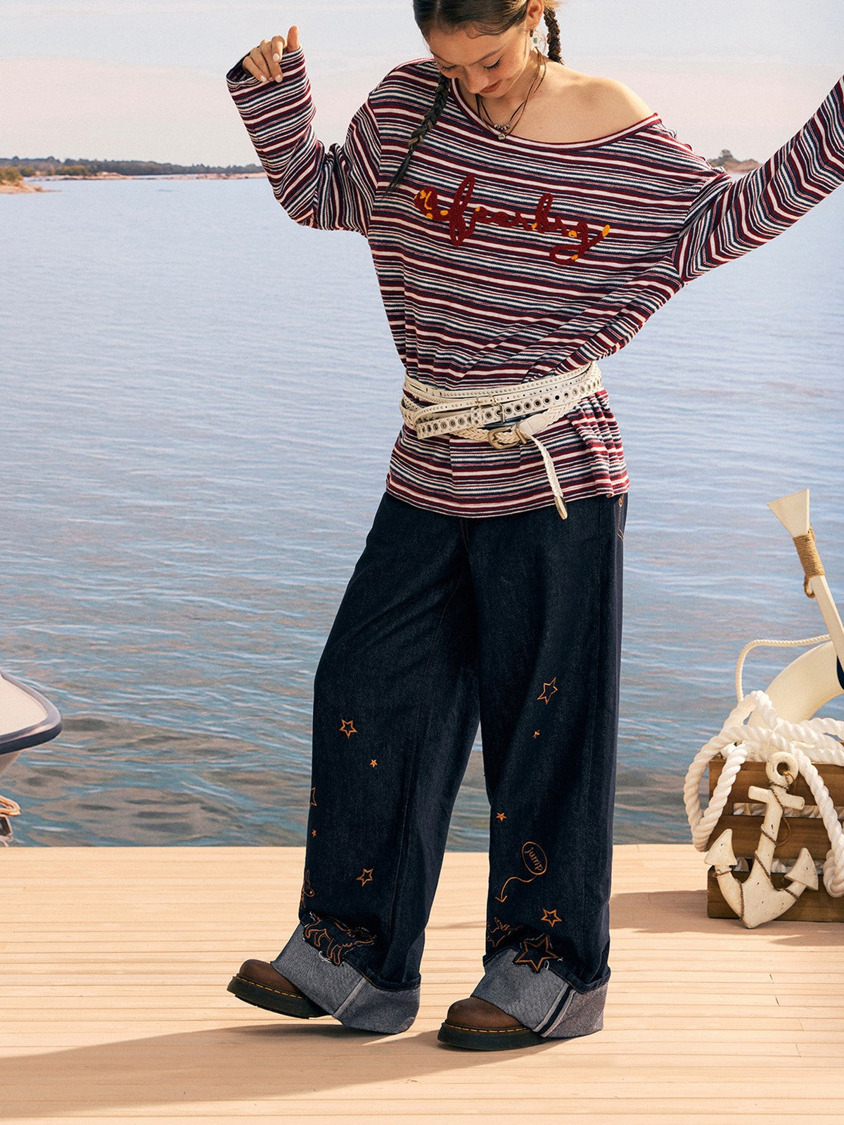 BEERBRO Striped Off Shoulder Long Sleeve Tee in Red - On Female Model