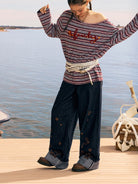 BEERBRO Striped Off Shoulder Long Sleeve Tee in Red - On Female Model