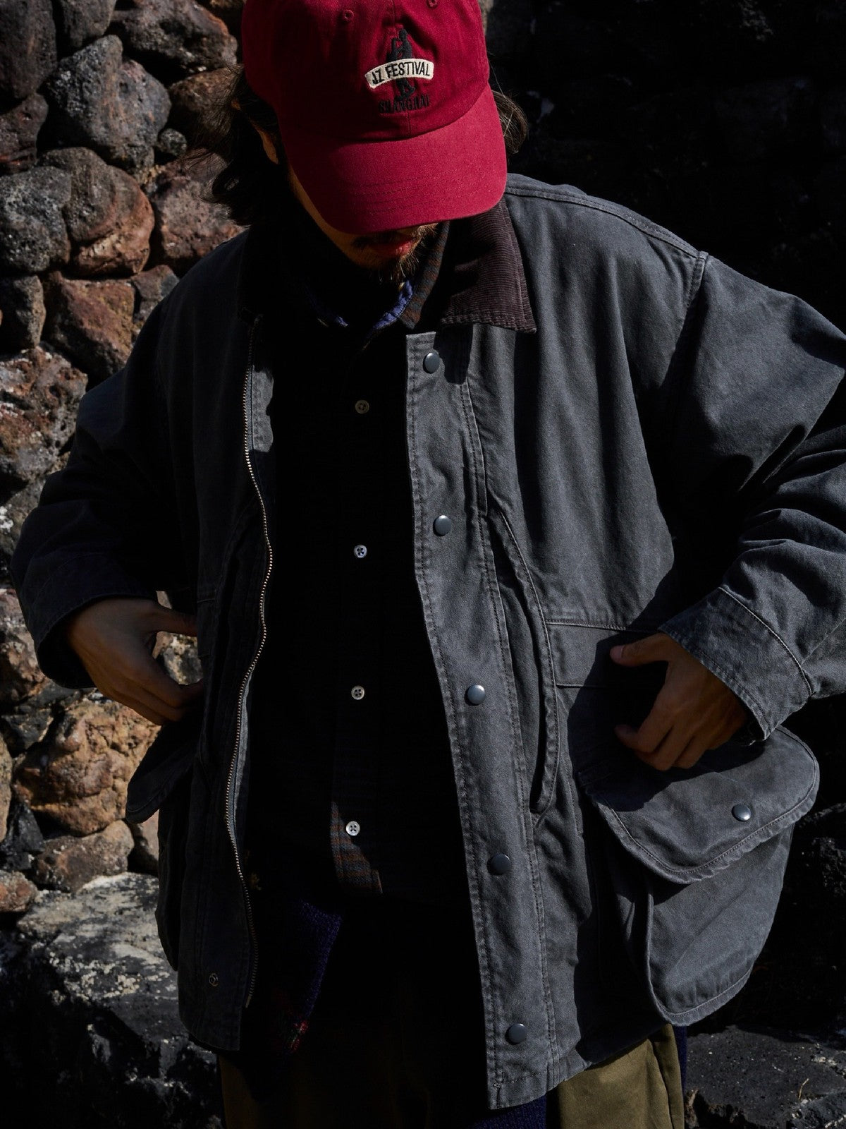 USAGE Heavyweight Cotton Canvas Barn Jacket in Gray - On Male Model