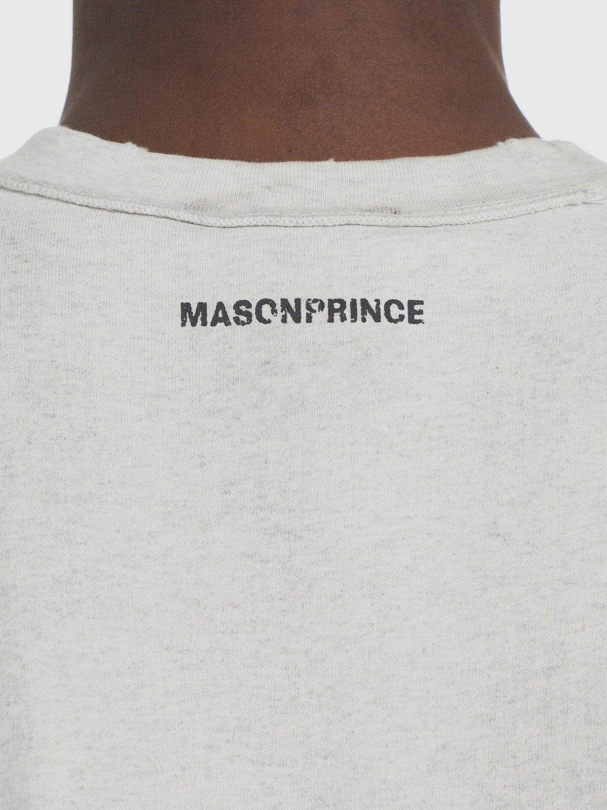 MASONPRINCE Distressed Typographic Cotton T Shirt in Gray - On Model