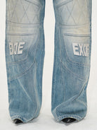 BLINDNOPLAN Paneled Embroidered Distressed Denim Pants in Blue - On Model