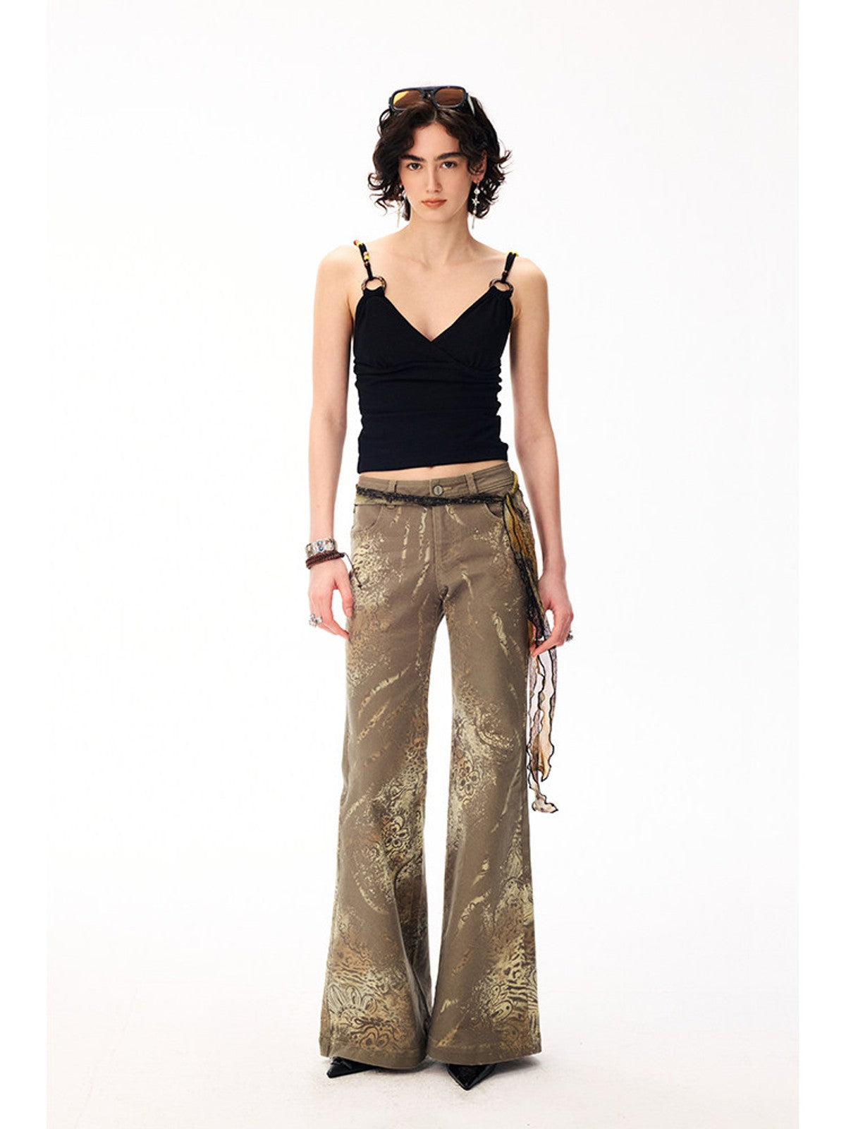 BEERBRO Lyocell Paisley Micro Flare Pants in Olive - On Female Model