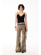 BEERBRO Lyocell Paisley Micro Flare Pants in Olive - On Female Model