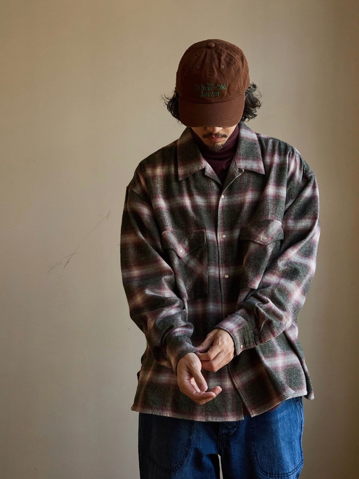USAGE Brushed Plaid Western Shirt in Olive - On Male Model