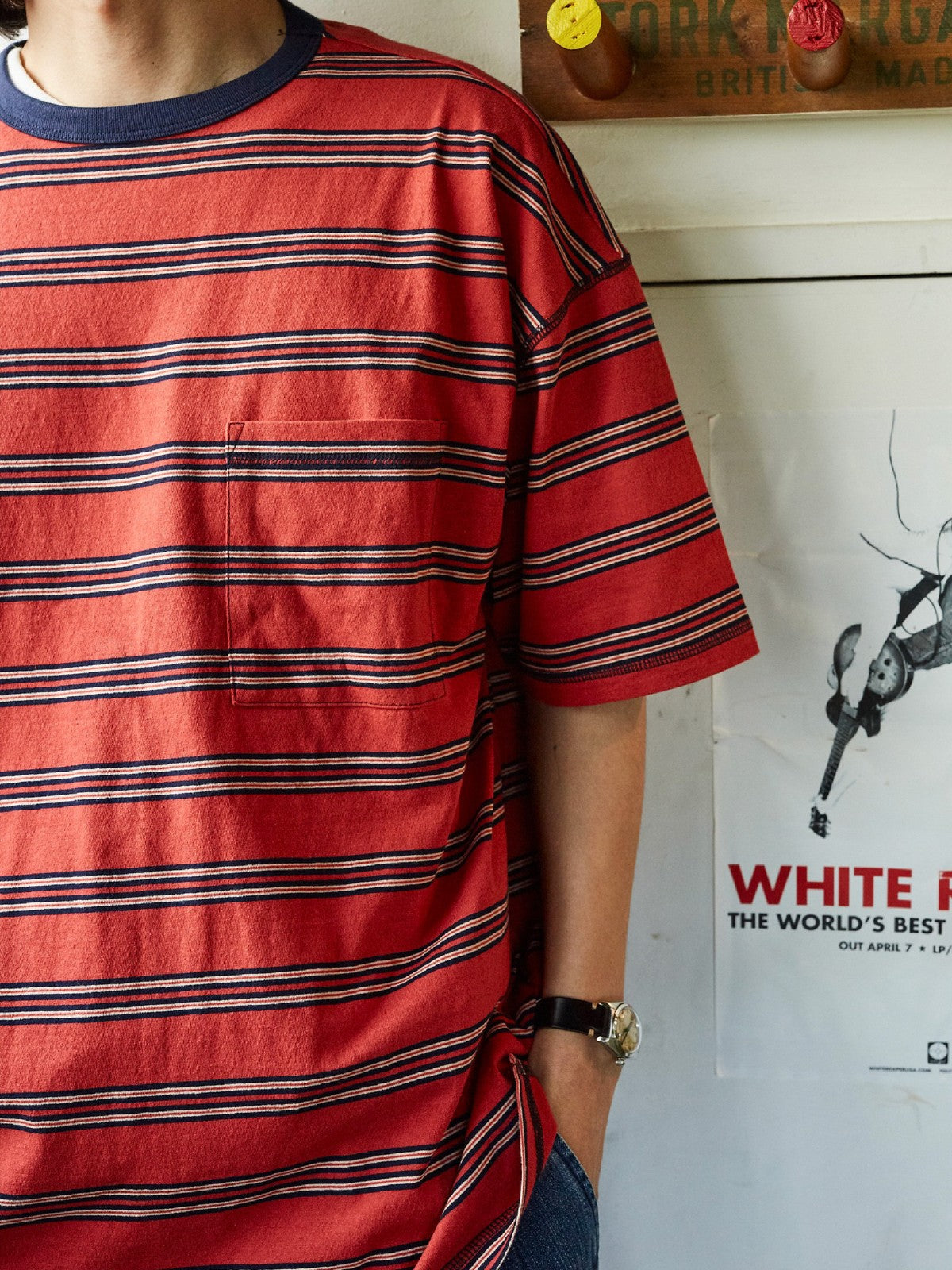 USAGE Retro Striped Cotton T Shirt in Red - On Male Model