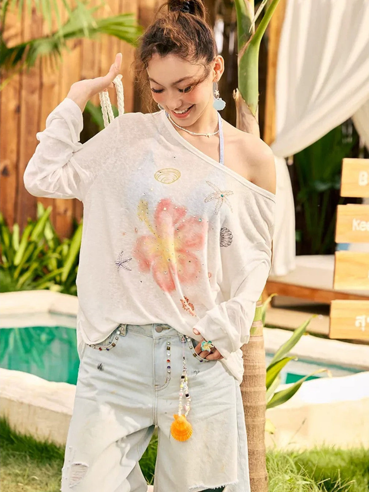 BeerBro Rhinestone Floral Sheer Top in White - On Female Model