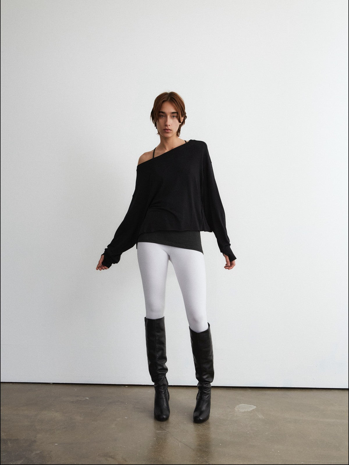 FaxCopyExpress Off Shoulder Overlay Sweatshirt in Black - On Female Model